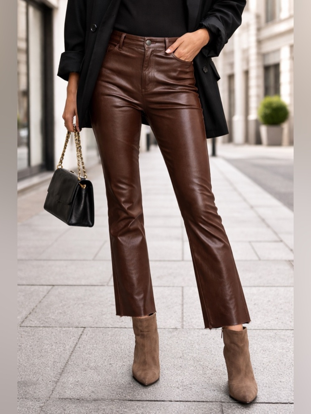 Vero Moda Brown Coated Pants Raw Hem Straight Leg High Rise 31x31